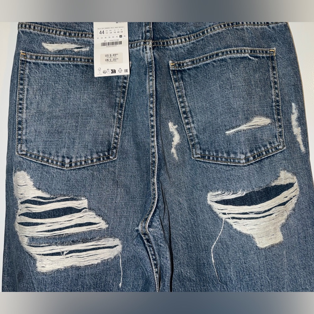 NWT Zara High-Rise Full Length Raw Hem Back Distressed Wide Leg Jeans Sz 12 - Picture 6 of 7